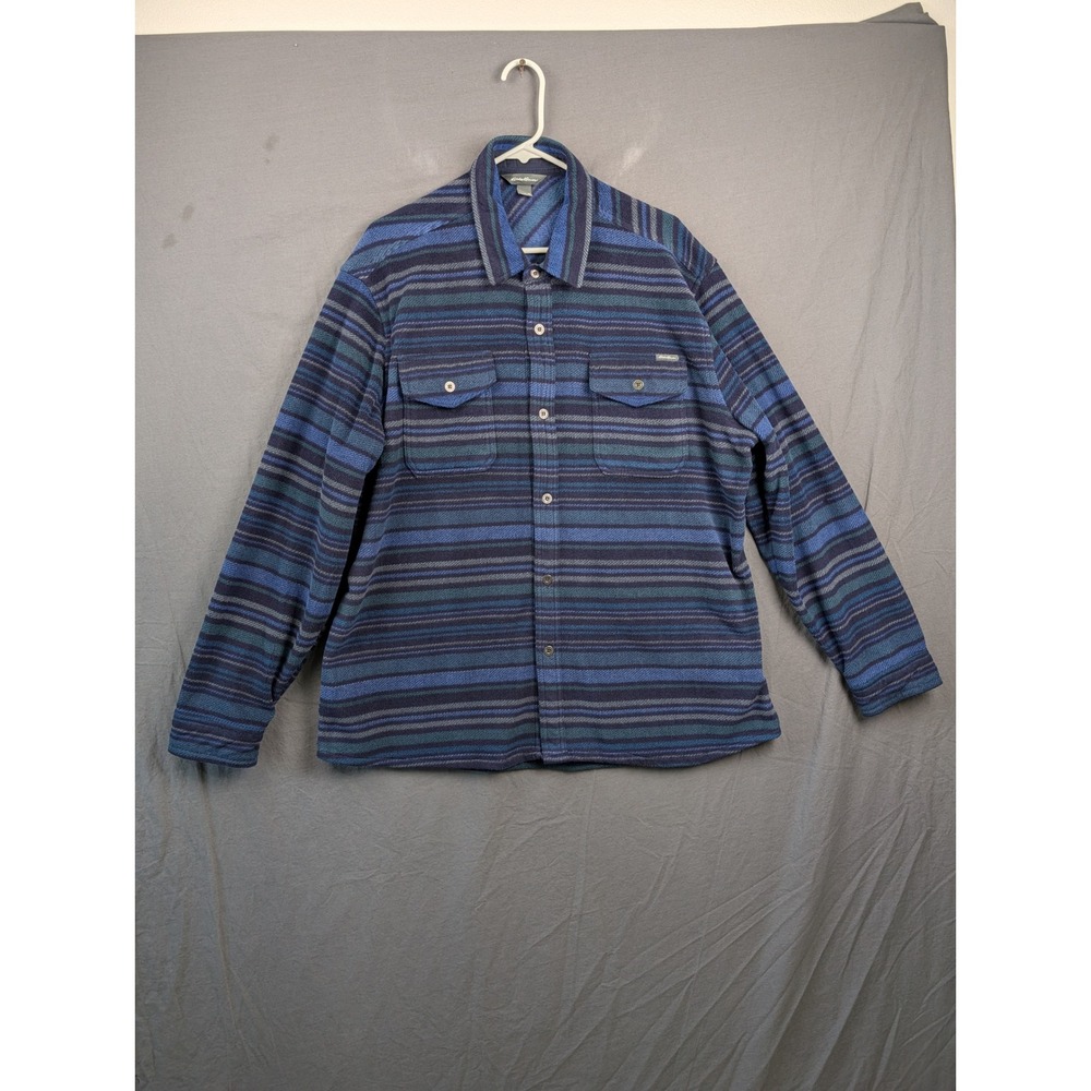 Eddie Bauer Mens XL Blue Striped Fleece Button‎ Up Shirt Jacket